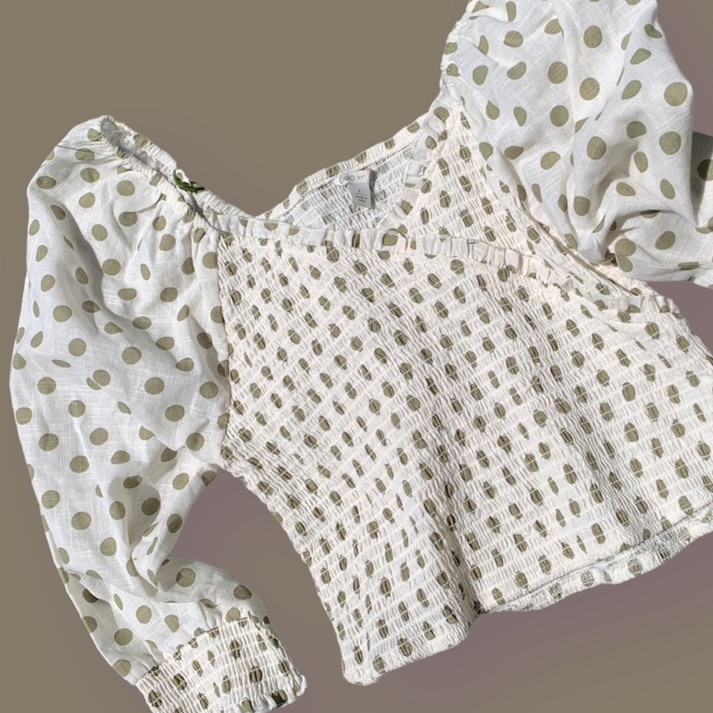 100% cotton polka dot long sleeve ruched top blouse green NWT Sz L Linen Cottage - Picture 6 of 6